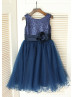 Navy Blue Sequin Tulle Curly Hem Knee Length Flower Girl Dress